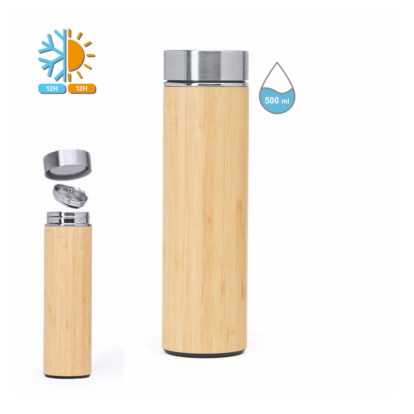 Elisir - Borraccia In Acciaio Doppia Parete 500ml Rivestimento In Bambù
