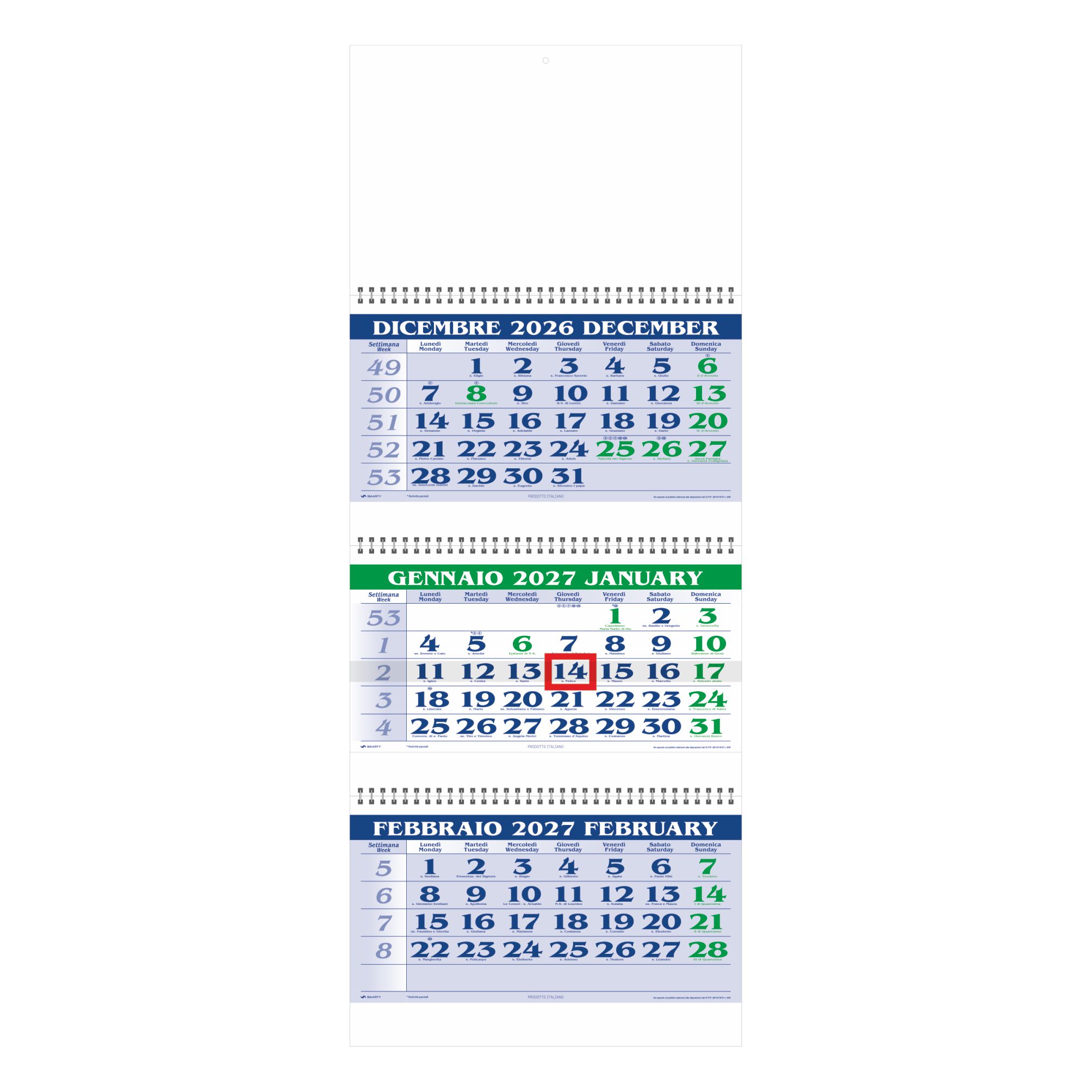 Calendario Trittico in carta naturale. Trimestrale 12 fogli